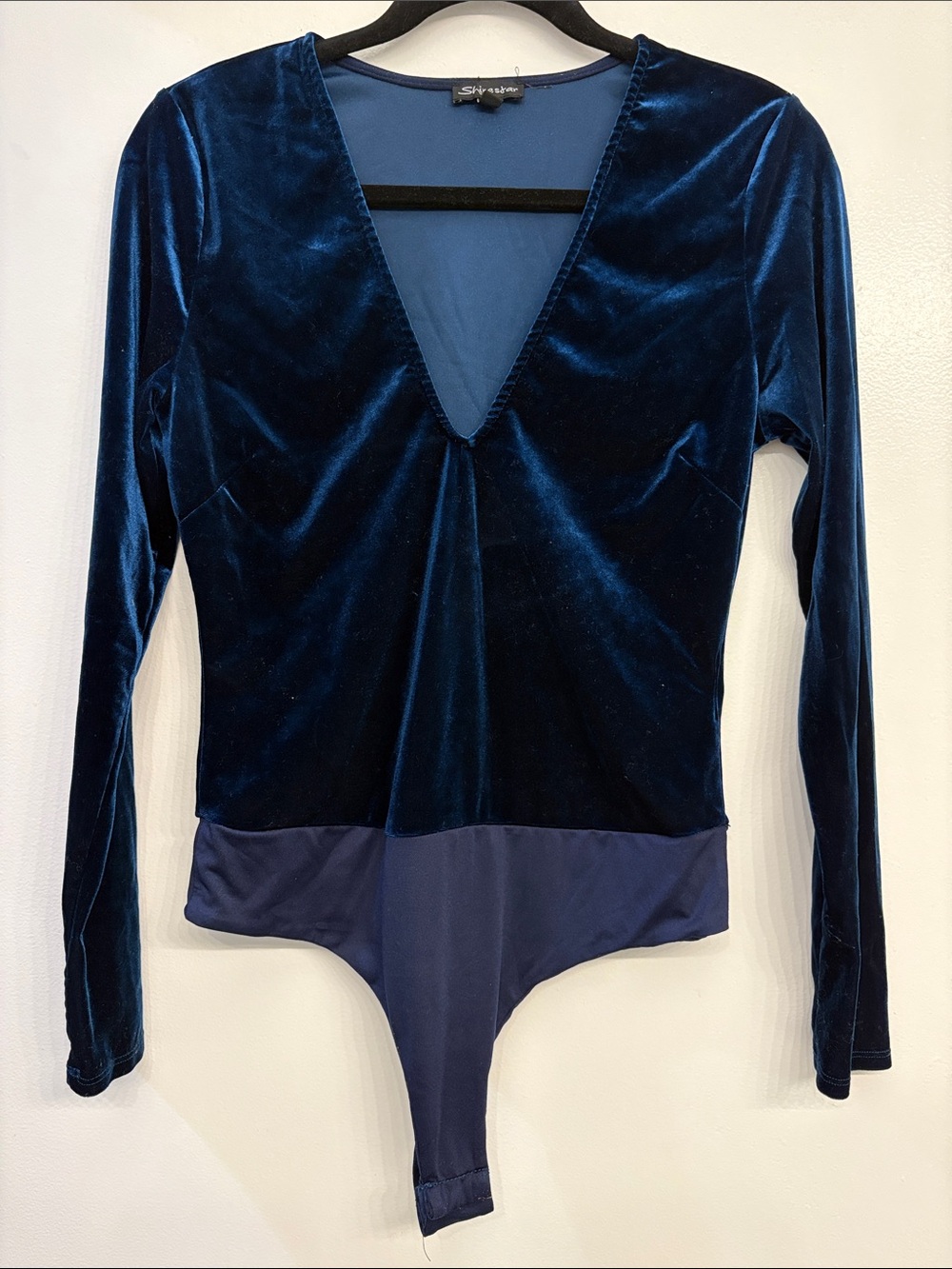 Shinestar Navy Blue Velvet V-Neck Long Sleeve Bodysuit Party Going Out Top